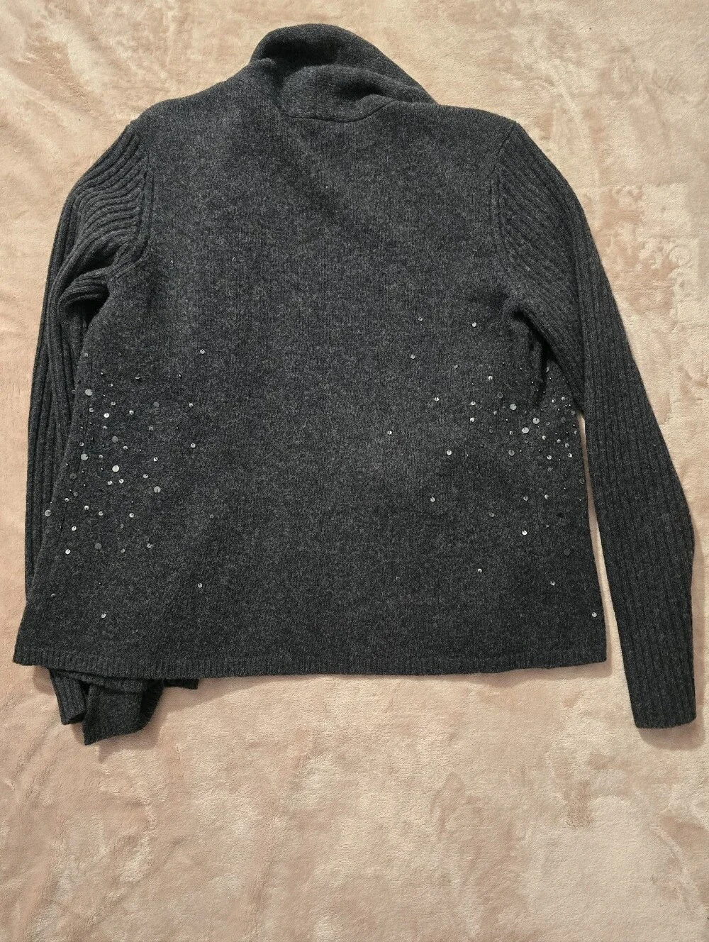 Eileen Fisher Merino Wool Cashmere Sequin Cardigan Gray Ribbed Sleeves Petite S